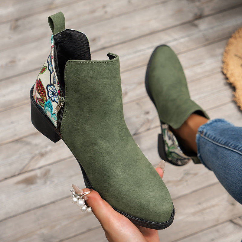 Floral Print Ankle Boots, Stylish Autumn-Winter Heels