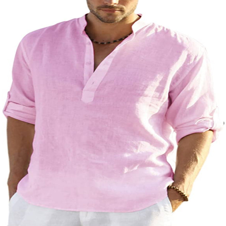 "Effortless style: Men's Cotton Linen Long Sleeve Shirt with a relaxed fit and stand collar." image 7
