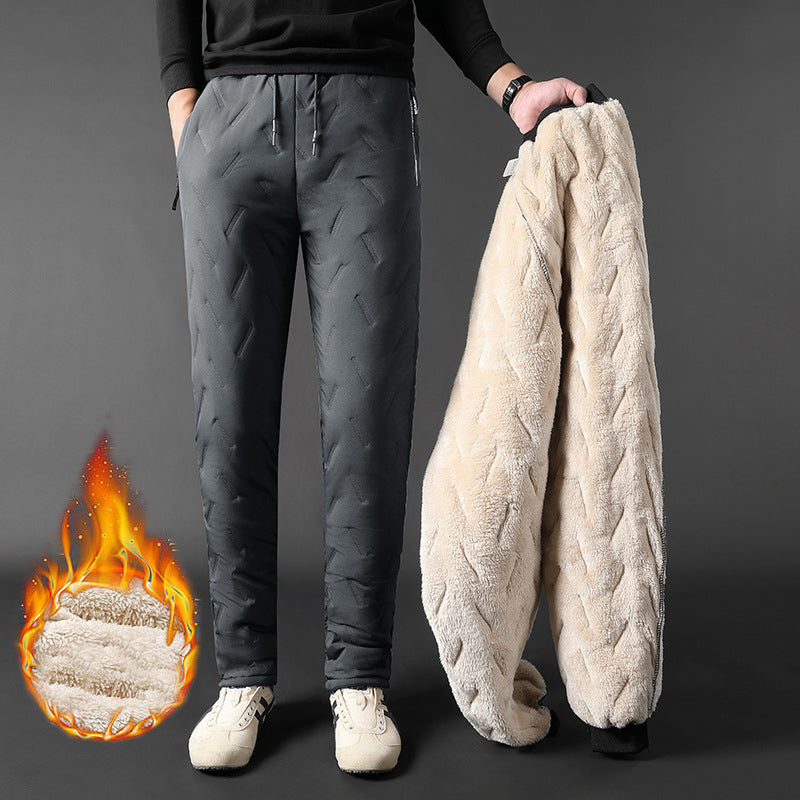 Men's Trousers Winter Velvet Thickening Loose Fleece Pants With Zip Pocket Large Size Windproof Warm Jogging