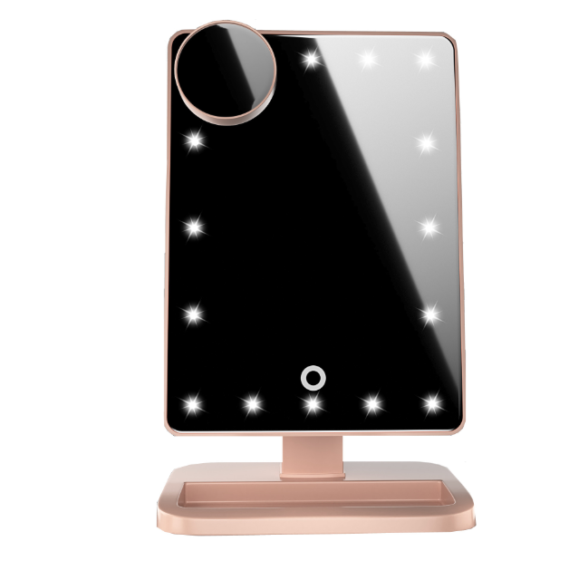 "Ringlight mirror with touch screen, LED lights, Bluetooth speaker, and 10X magnification - available now!"