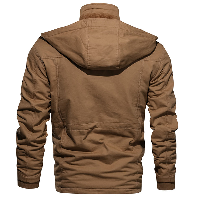"Elevate winter style with our Men's Warm Hooded Fleece Jacket. Military-inspired design for ultimate comfort."