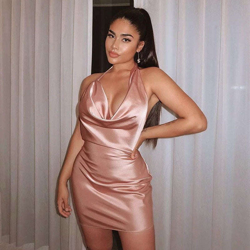 "Shop our V Neck Backless Satin Party Dress for a chic summer look!"