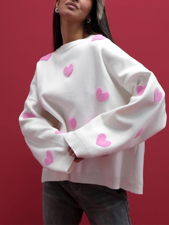 "Valentine's Day Heart Sweater - Women's cozy fashion for celebrating love. Available now in-store!"