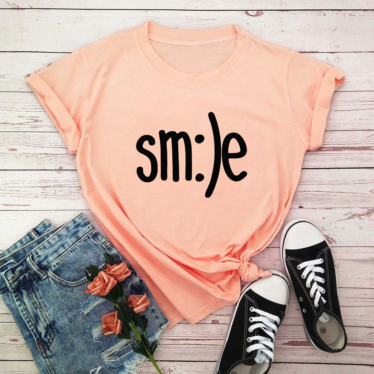 "Radiate positivity with our New Smile Letter Printed T-Shirt for Women. Casual comfort meets joyful style!" image 5