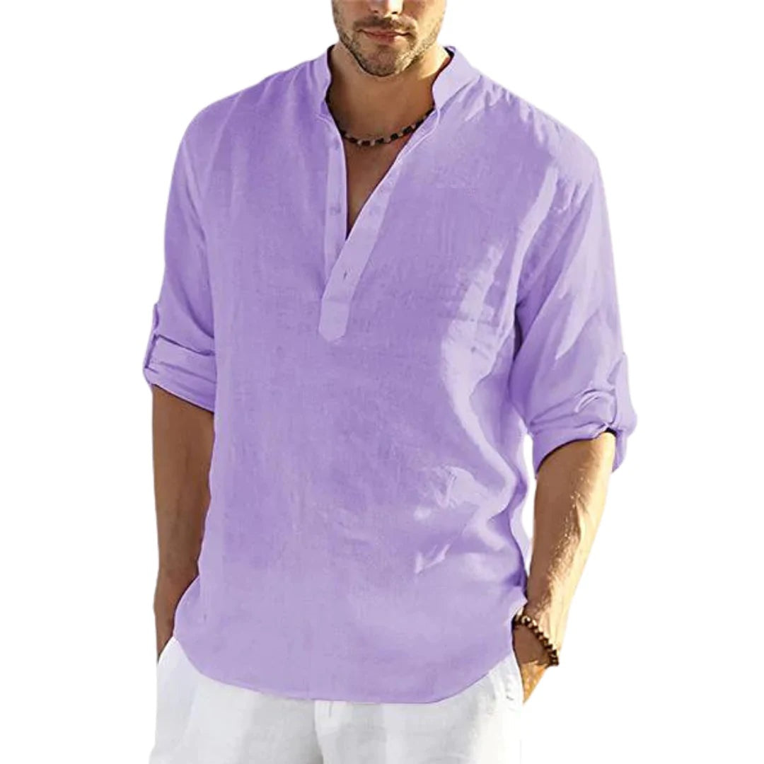 "Effortless style: Men's Cotton Linen Long Sleeve Shirt with a relaxed fit and stand collar." image 15