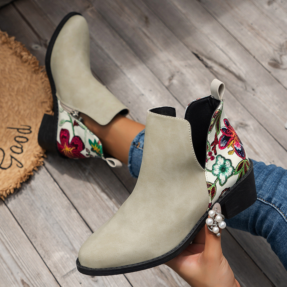 Floral Print Ankle Boots, Stylish Autumn-Winter Heels
