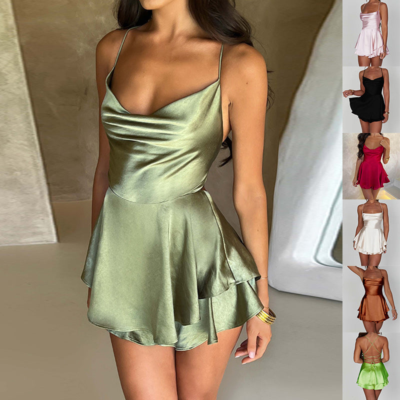 "Captivate in our backless satin dress – a chic blend of allure and sophistication for women."