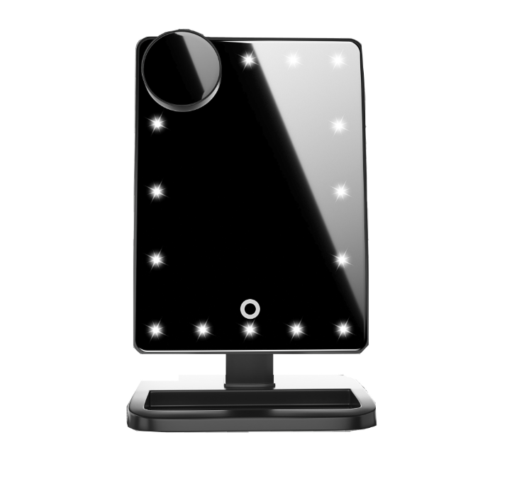 "Ringlight mirror with touch screen, LED lights, Bluetooth speaker, and 10X magnification - available now!"