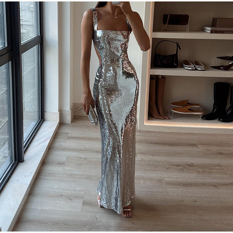 "Shop the allure of Sequin Sling Backless Dress at Yuchimagic store for dazzling, chic elegance."