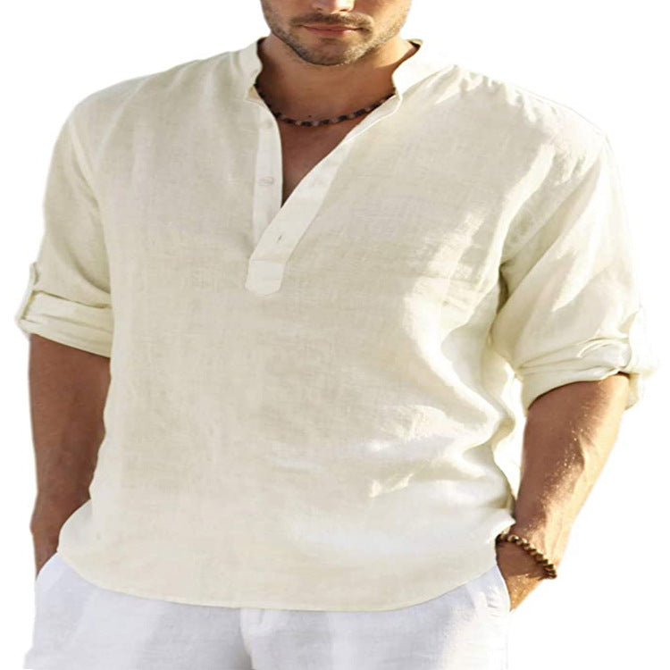 "Effortless style: Men's Cotton Linen Long Sleeve Shirt with a relaxed fit and stand collar." image 8