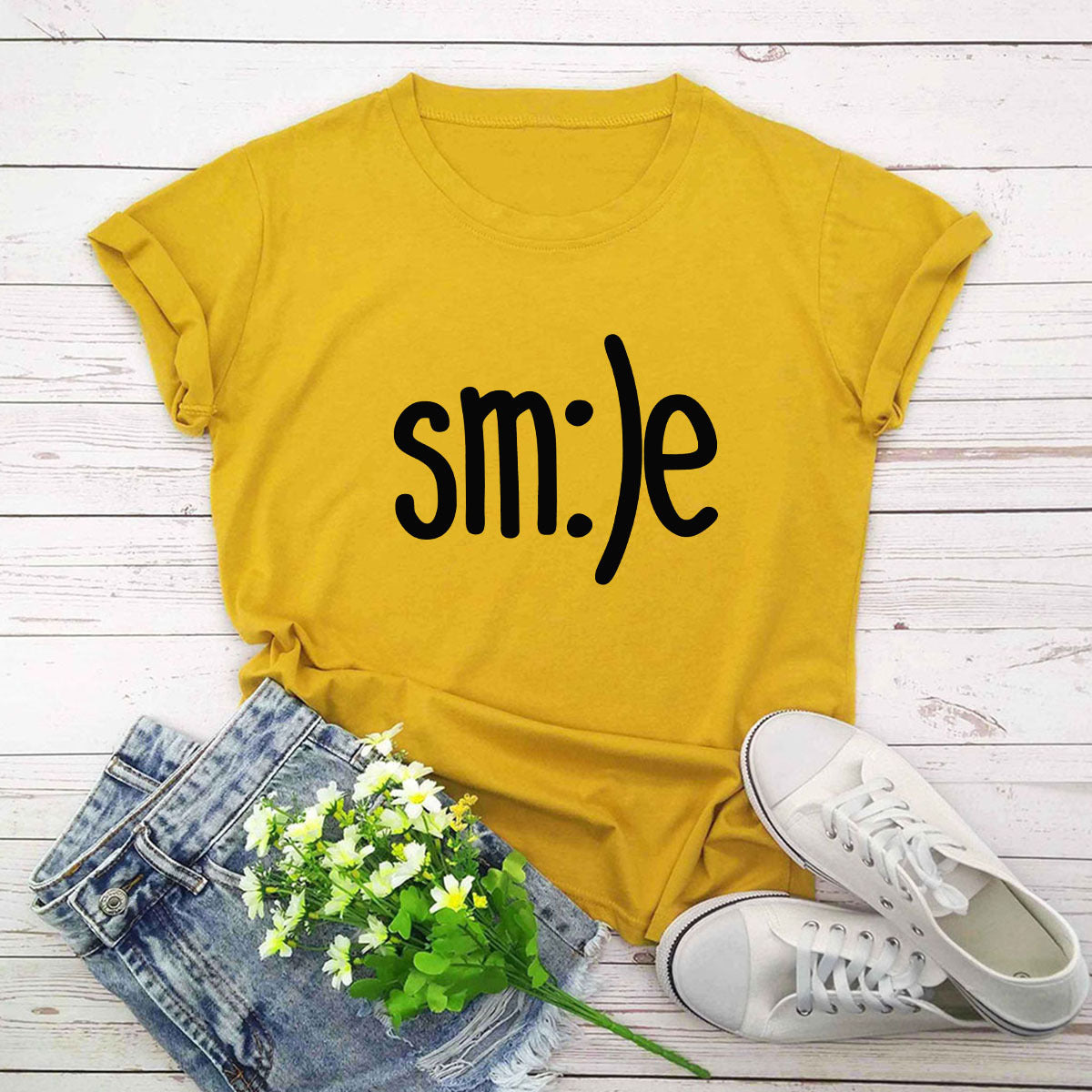 "Radiate positivity with our New Smile Letter Printed T-Shirt for Women. Casual comfort meets joyful style!" image 3