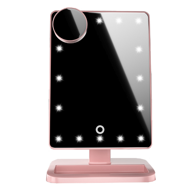 "Ringlight mirror with touch screen, LED lights, Bluetooth speaker, and 10X magnification - available now!"