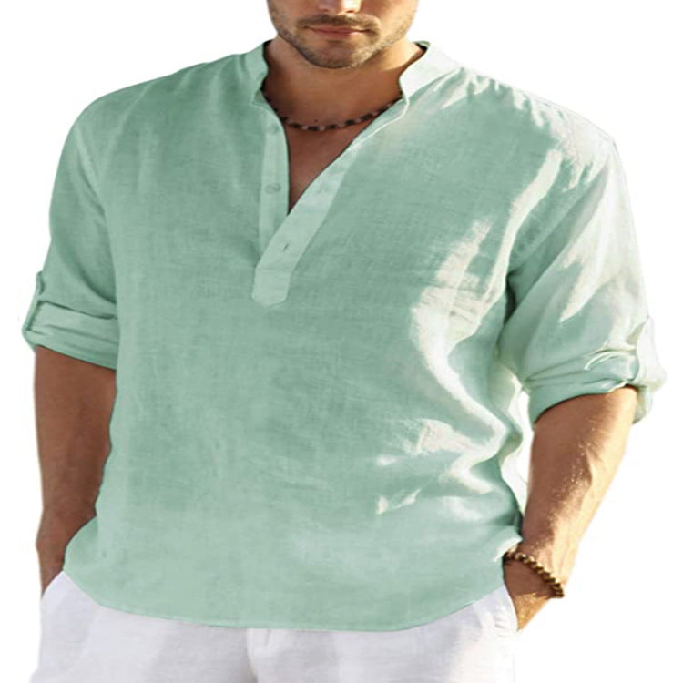 "Effortless style: Men's Cotton Linen Long Sleeve Shirt with a relaxed fit and stand collar." image 13