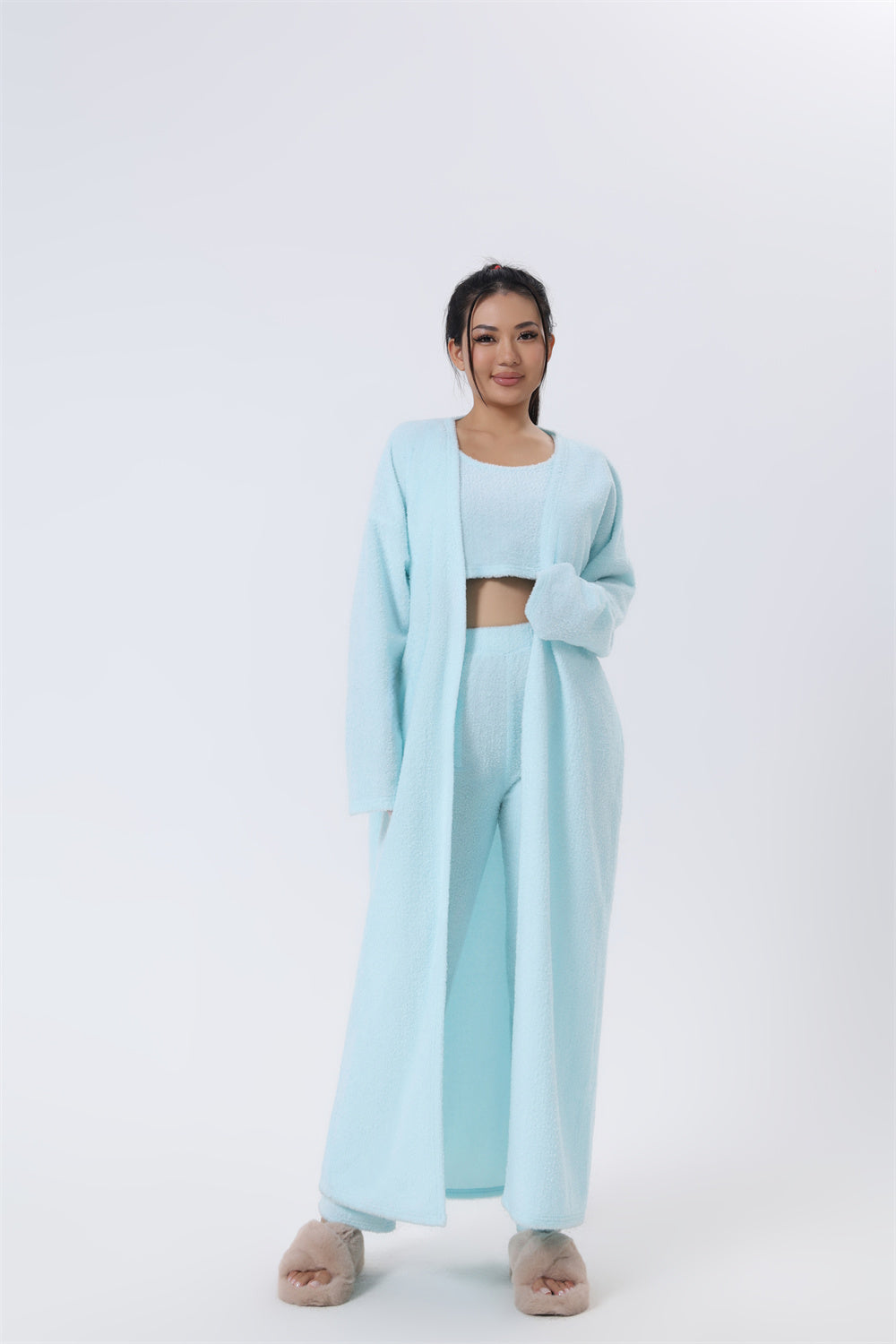 "Chic Knitted Lounge Fuzzy Set: Open Front Cardigan, Crop Tops, Wide-leg Pants. Elevate your style!" image 6