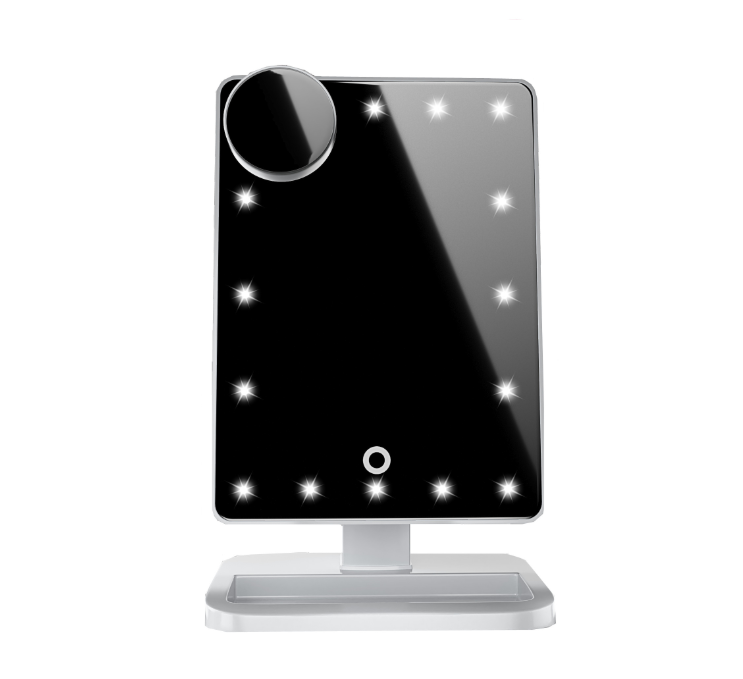 "Ringlight mirror with touch screen, LED lights, Bluetooth speaker, and 10X magnification - available now!"