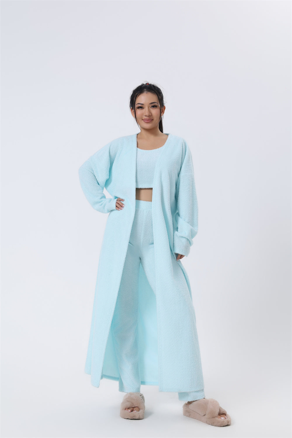 "Chic Knitted Lounge Fuzzy Set: Open Front Cardigan, Crop Tops, Wide-leg Pants. Elevate your style!" image 5