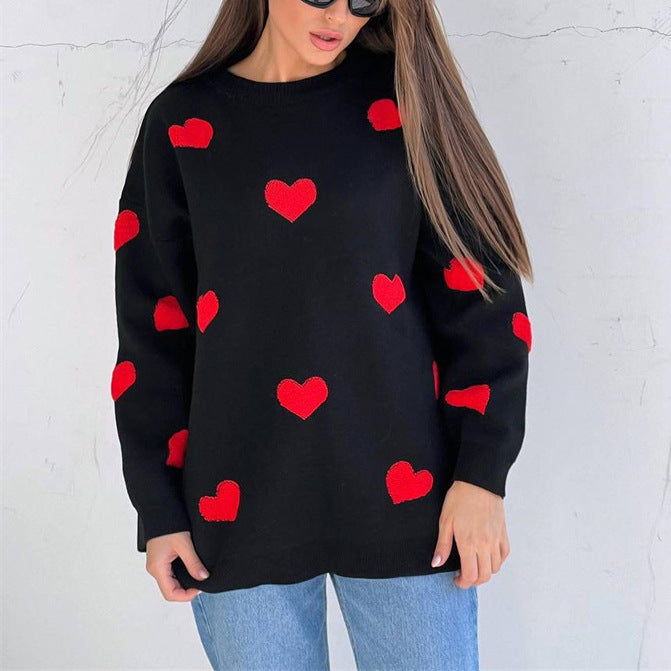 "Valentine's Day Heart Sweater - Women's cozy fashion for celebrating love. Available now in-store!"
