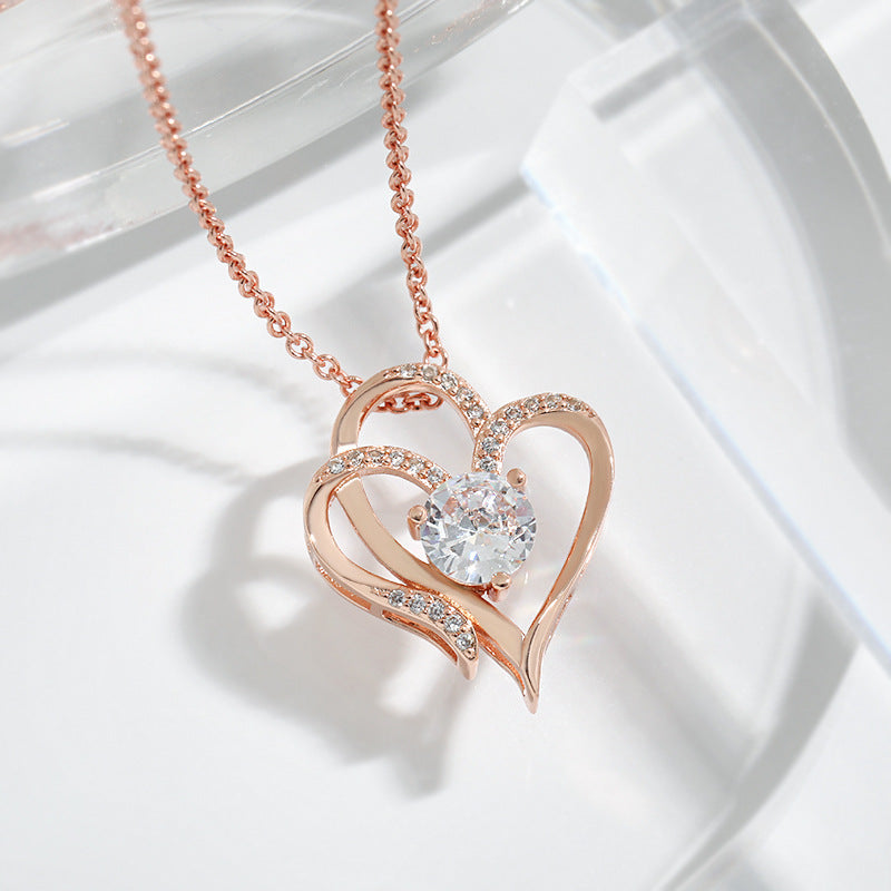 "Dazzling Zircon Double Love Necklace – Rhinestone-inscribed, personalized heart pendant. Perfect Valentine's Day clavicle chain for women."