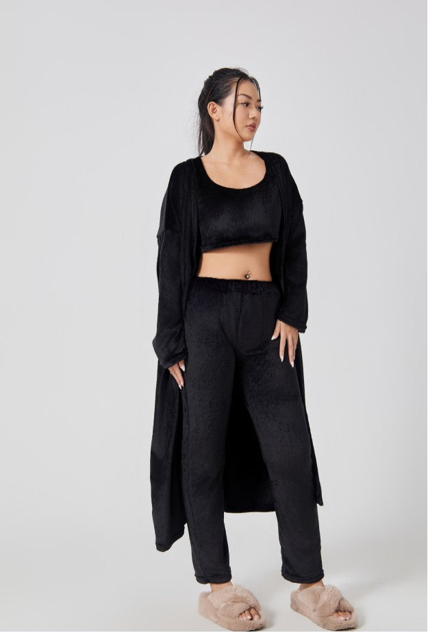 "Chic Knitted Lounge Fuzzy Set: Open Front Cardigan, Crop Tops, Wide-leg Pants. Elevate your style!" image 10