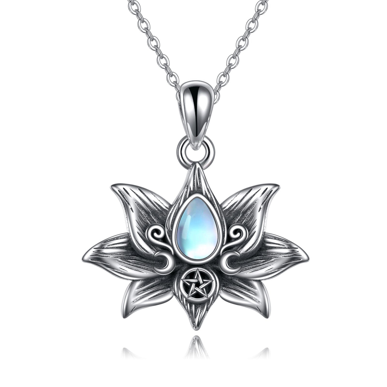 Silver Moonstone Lotus Flower necklace, Pendant Necklace, Jewelry Gifts for Women