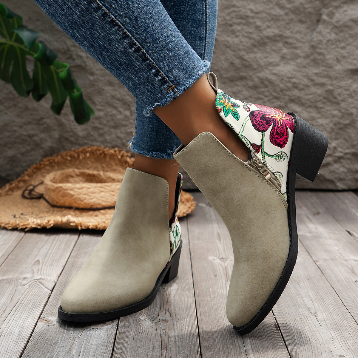 Floral Print Ankle Boots, Stylish Autumn-Winter Heels