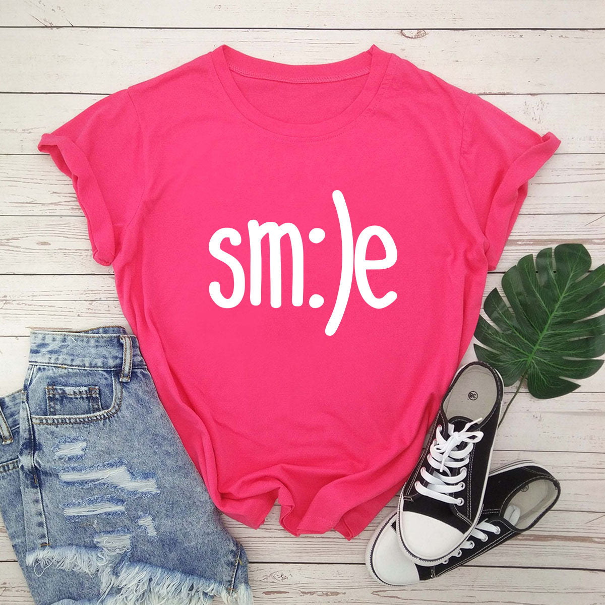 "Radiate positivity with our New Smile Letter Printed T-Shirt for Women. Casual comfort meets joyful style!" image 6