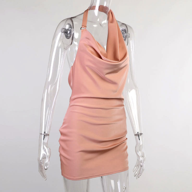 "Shop our V Neck Backless Satin Party Dress for a chic summer look!"