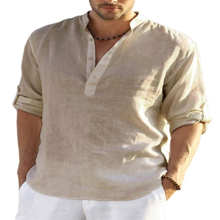 "Effortless style: Men's Cotton Linen Long Sleeve Shirt with a relaxed fit and stand collar." image 9