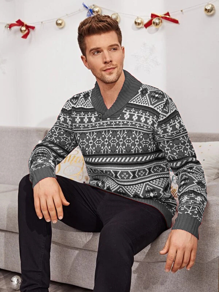 "Embrace festive style with our Christmas Elk Lapel Knitted Sweater for men. Shop warmth and style!" image 3