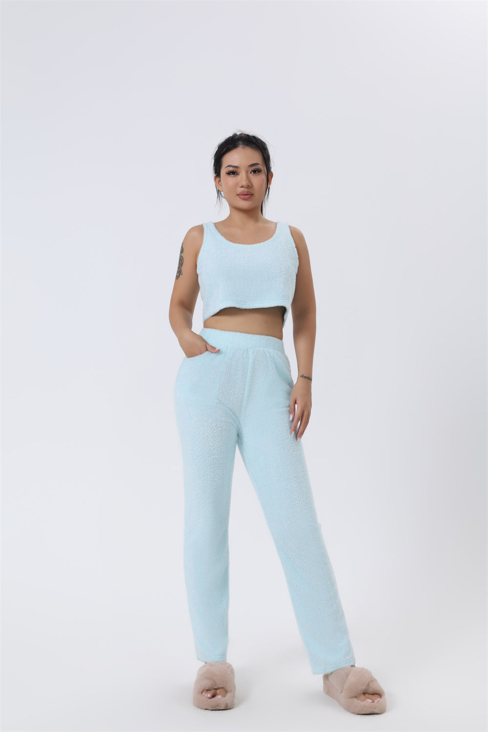 "Chic Knitted Lounge Fuzzy Set: Open Front Cardigan, Crop Tops, Wide-leg Pants. Elevate your style!" image 3