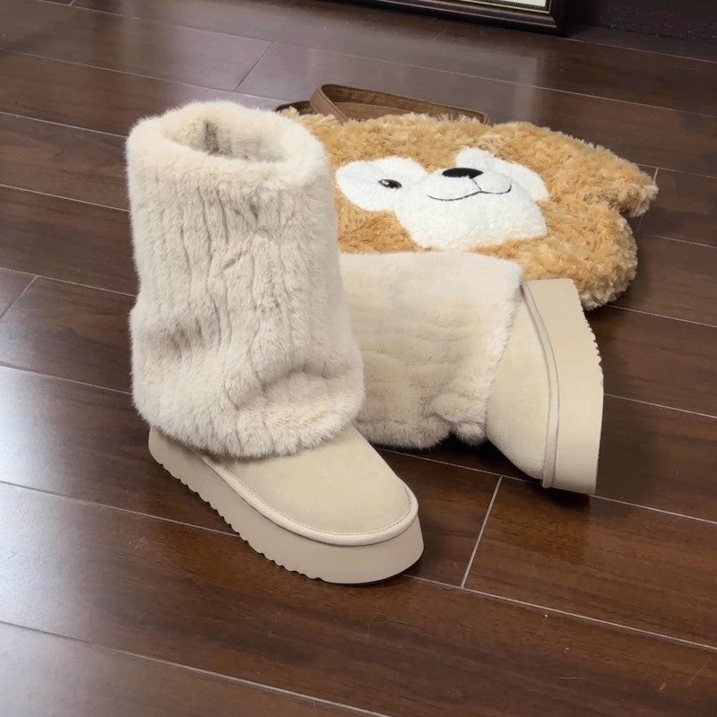 "Step into winter chic with plush, high-top ankle boots. Elevate style with platform comfort. Shop now!" image 3