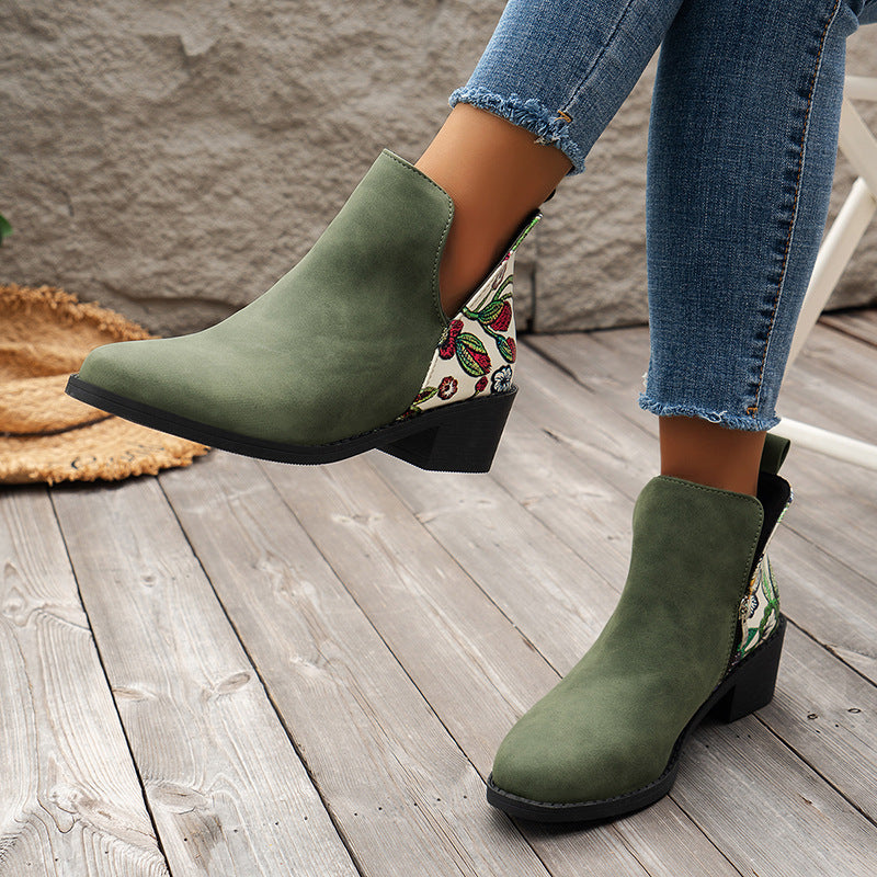 Floral Print Ankle Boots, Stylish Autumn-Winter Heels
