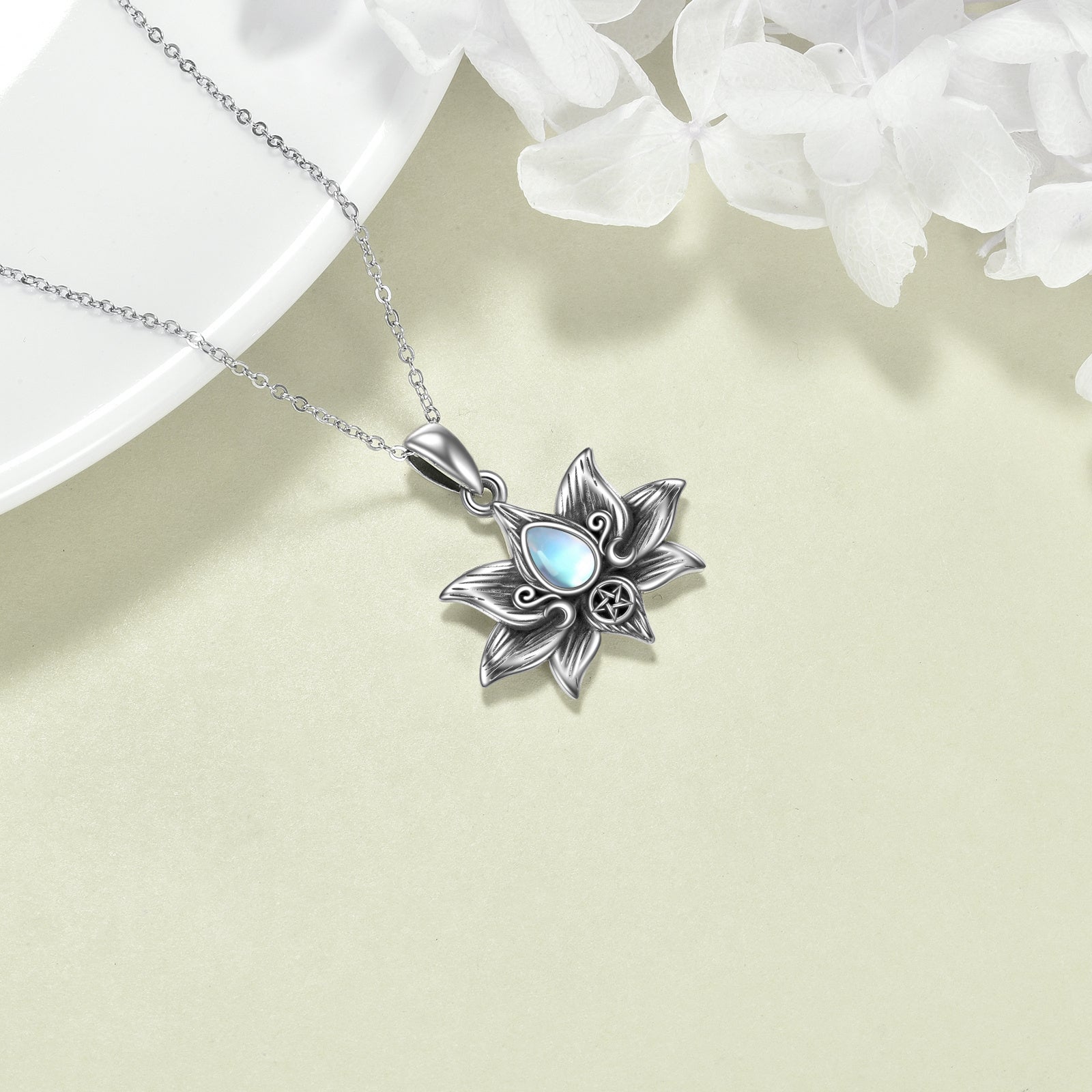 Silver Moonstone Lotus Flower necklace, Pendant Necklace, Jewelry Gifts for Women