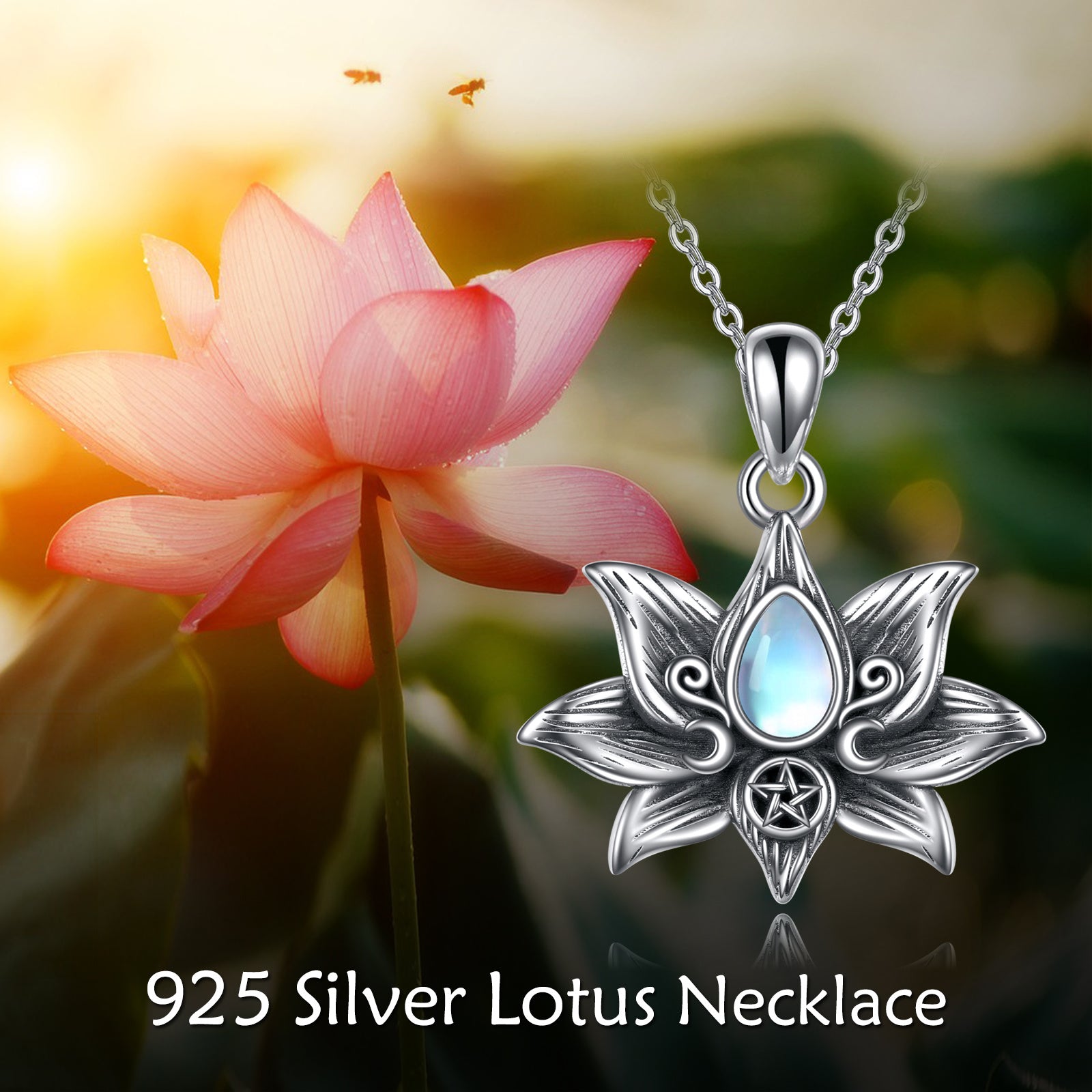 Silver Moonstone Lotus Flower necklace, Pendant Necklace, Jewelry Gifts for Women