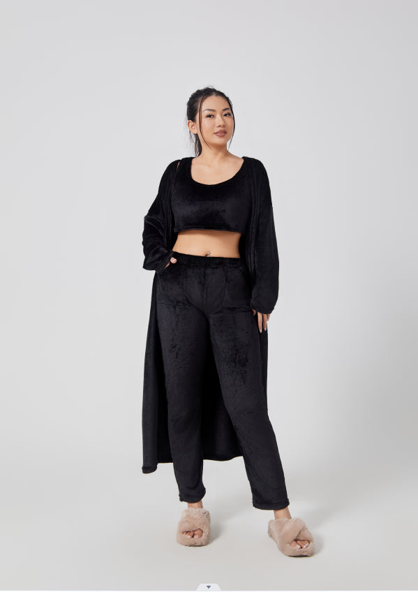 "Chic Knitted Lounge Fuzzy Set: Open Front Cardigan, Crop Tops, Wide-leg Pants. Elevate your style!" image 9