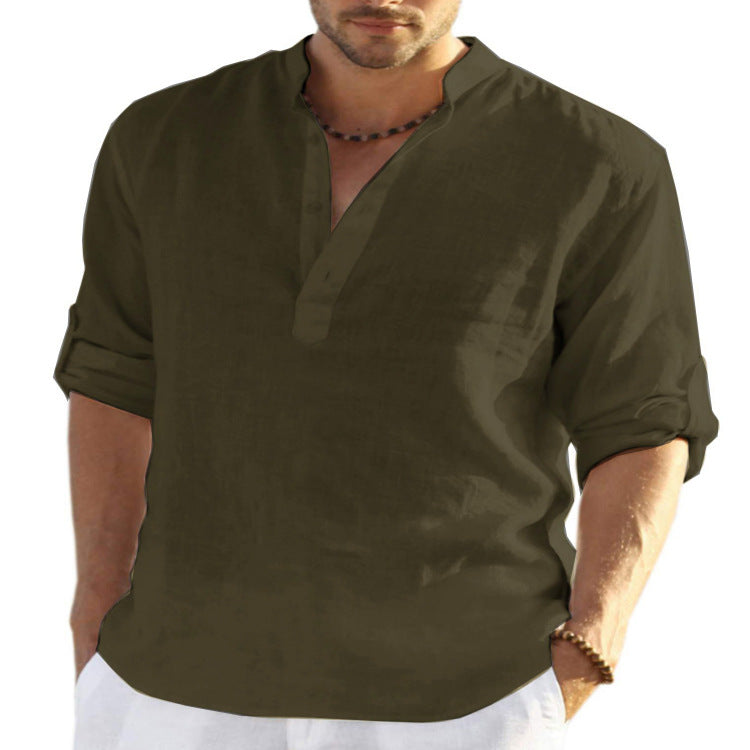 "Effortless style: Men's Cotton Linen Long Sleeve Shirt with a relaxed fit and stand collar." image 12