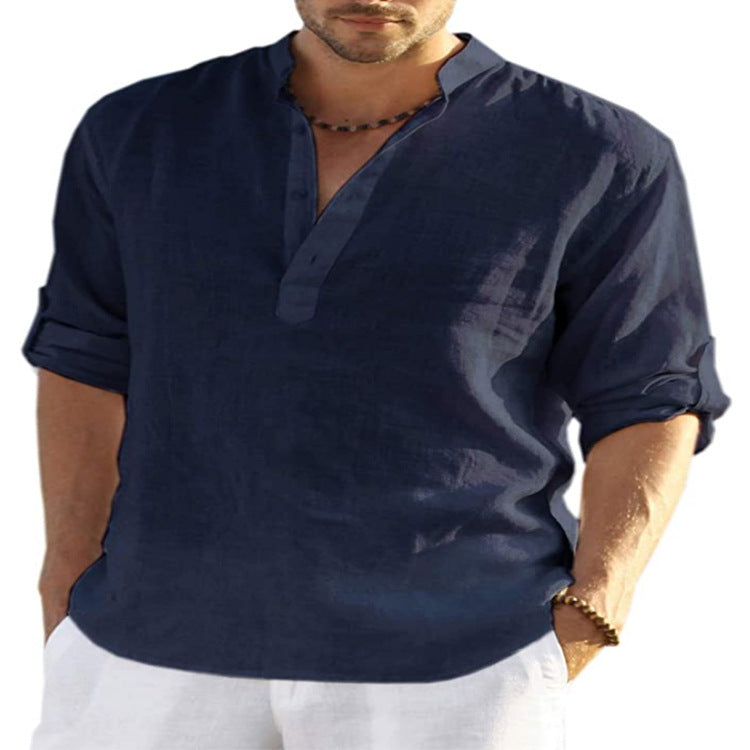 "Effortless style: Men's Cotton Linen Long Sleeve Shirt with a relaxed fit and stand collar." image 5