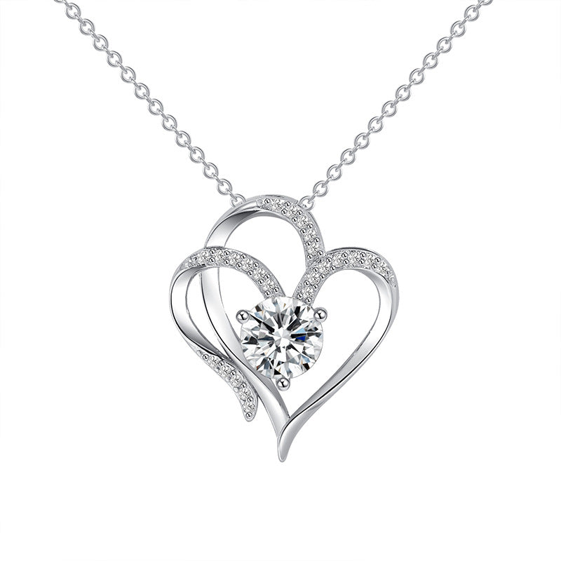 "Dazzling Zircon Double Love Necklace – Rhinestone-inscribed, personalized heart pendant. Perfect Valentine's Day clavicle chain for women."