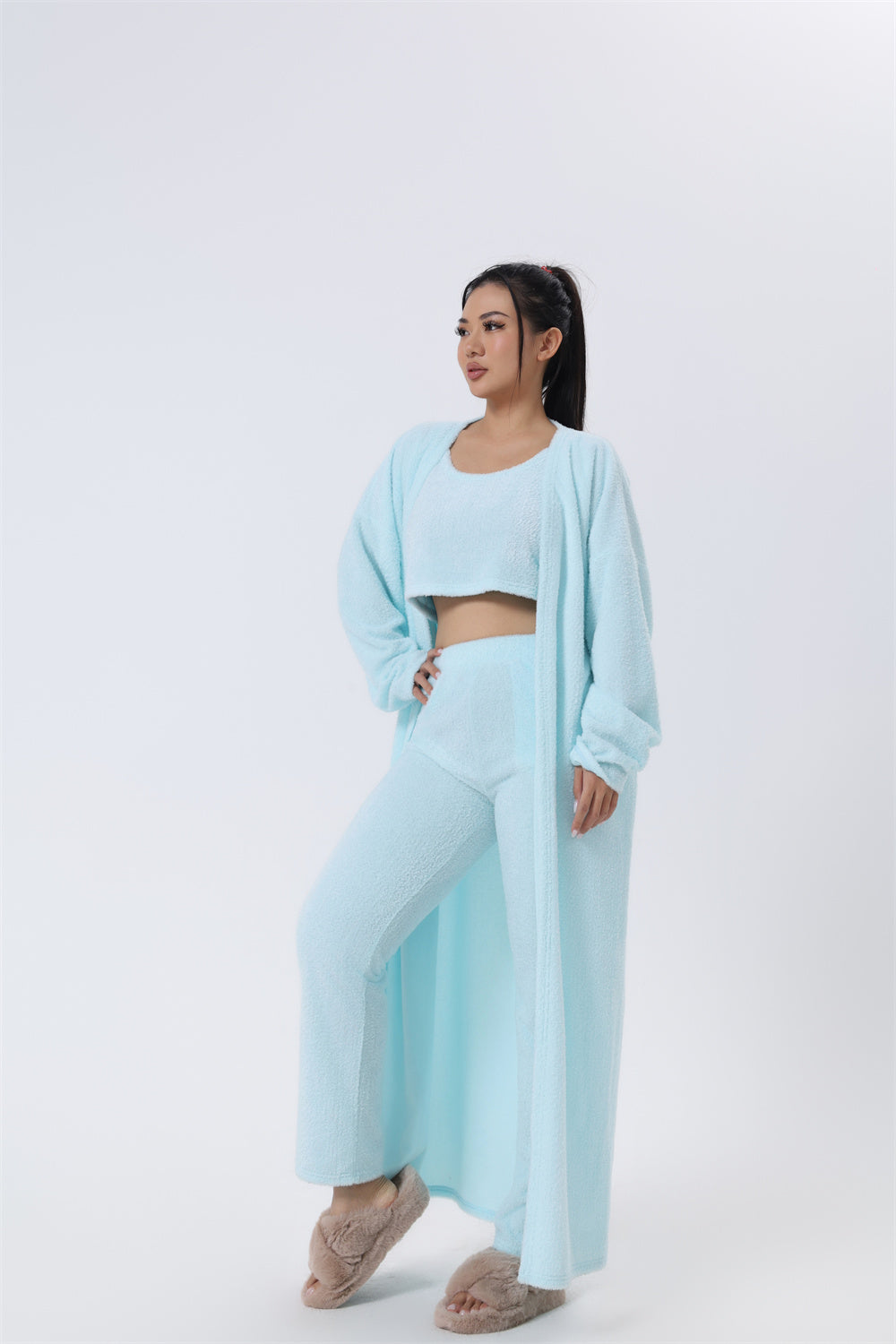 "Chic Knitted Lounge Fuzzy Set: Open Front Cardigan, Crop Tops, Wide-leg Pants. Elevate your style!" image 8