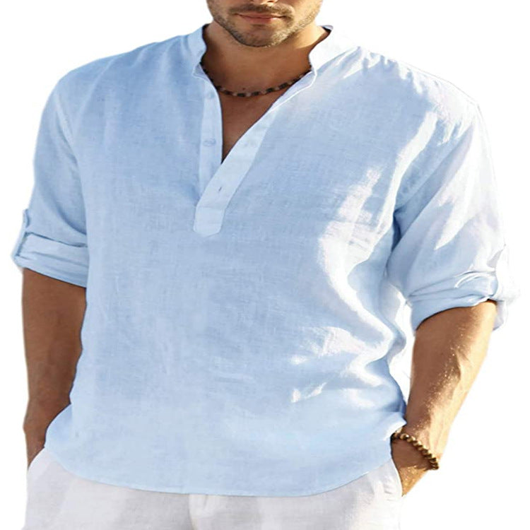 "Effortless style: Men's Cotton Linen Long Sleeve Shirt with a relaxed fit and stand collar." image 4