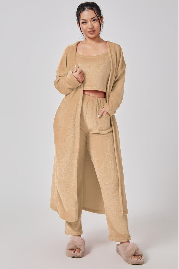 "Chic Knitted Lounge Fuzzy Set: Open Front Cardigan, Crop Tops, Wide-leg Pants. Elevate your style!" image 11