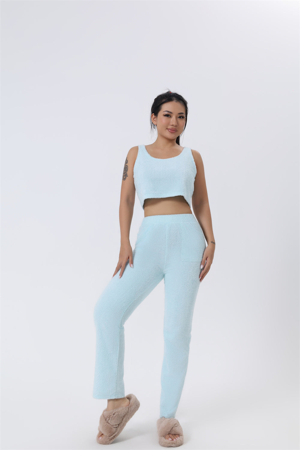 "Chic Knitted Lounge Fuzzy Set: Open Front Cardigan, Crop Tops, Wide-leg Pants. Elevate your style!" image4