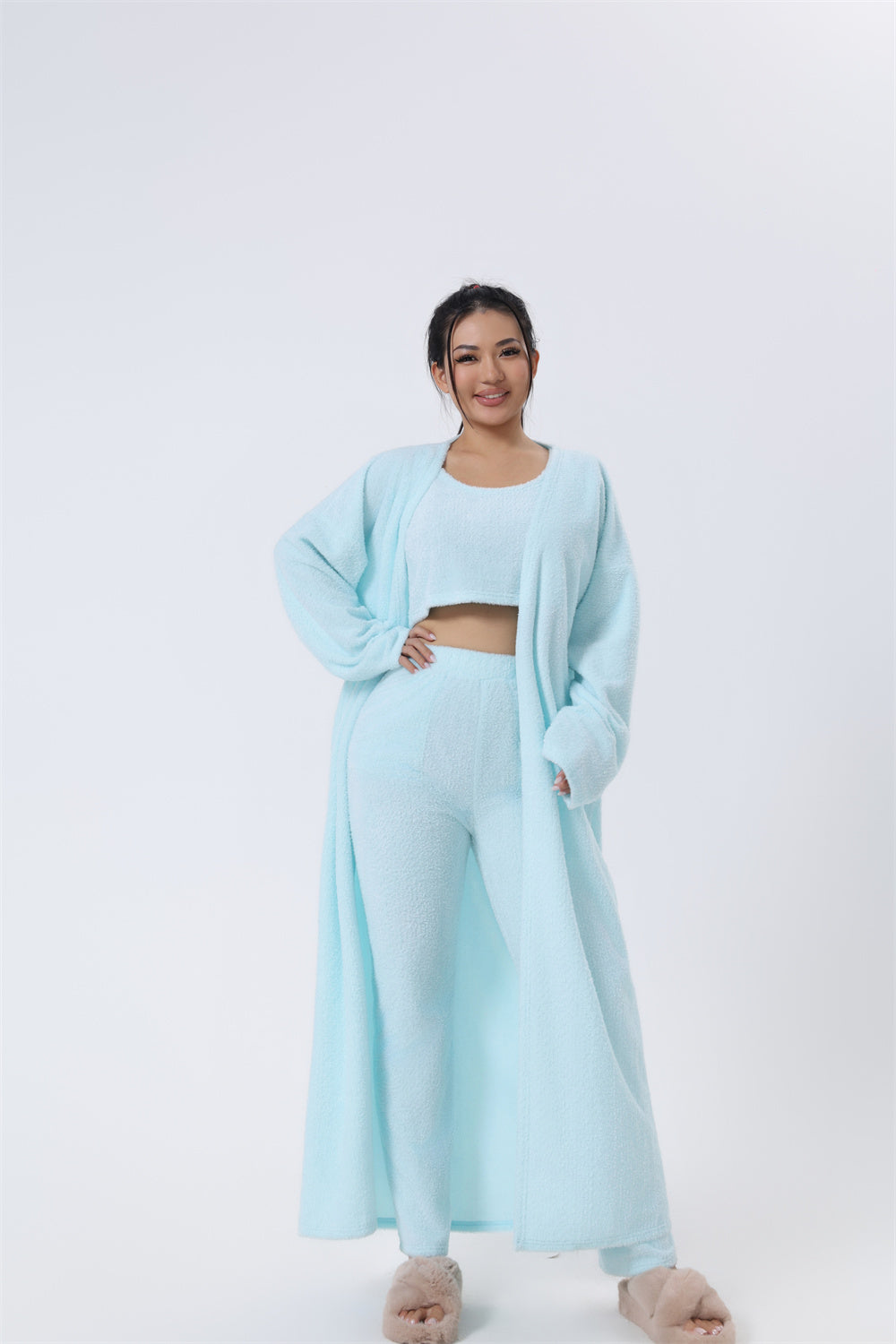 "Chic Knitted Lounge Fuzzy Set: Open Front Cardigan, Crop Tops, Wide-leg Pants. Elevate your style!" image 7