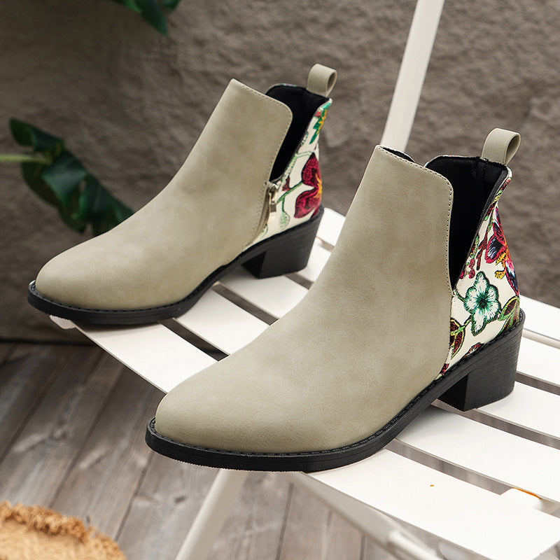 Floral Print Ankle Boots, Stylish Autumn-Winter Heels