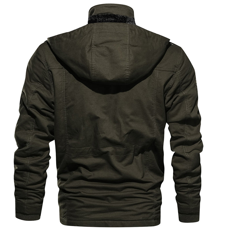 "Elevate winter style with our Men's Warm Hooded Fleece Jacket. Military-inspired design for ultimate comfort."