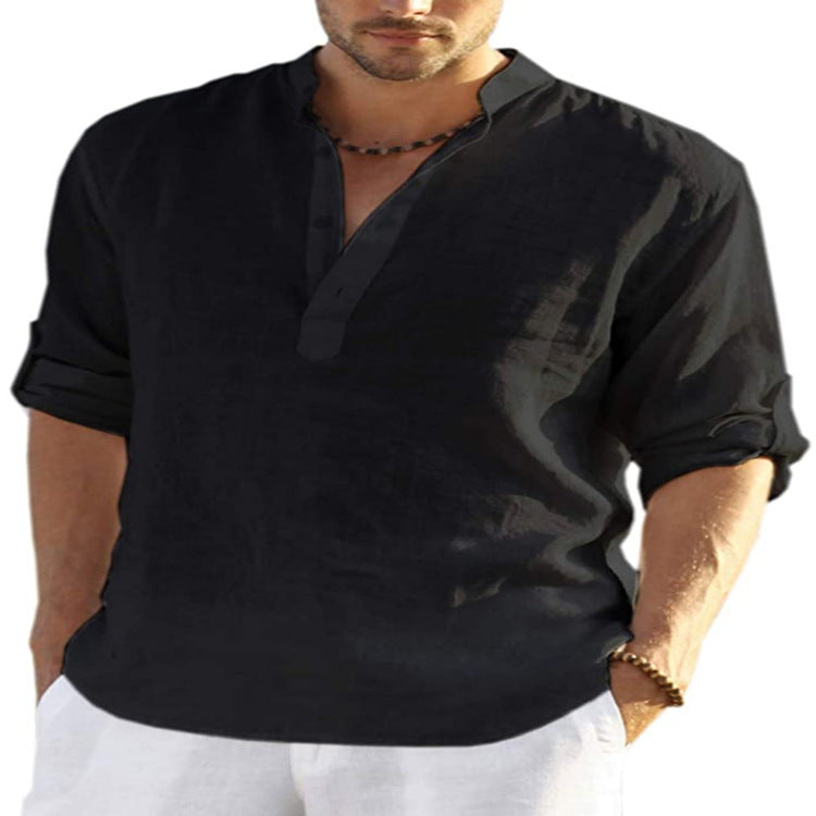 "Effortless style: Men's Cotton Linen Long Sleeve Shirt with a relaxed fit and stand collar." image 3