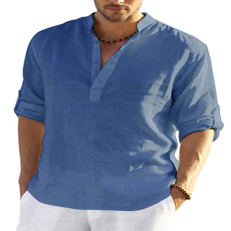 "Effortless style: Men's Cotton Linen Long Sleeve Shirt with a relaxed fit and stand collar." image 10