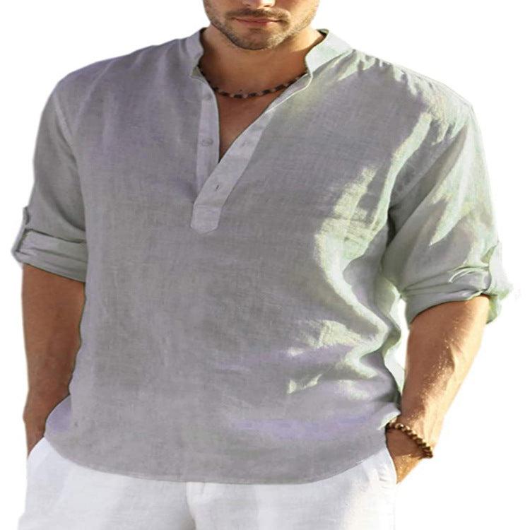 "Effortless style: Men's Cotton Linen Long Sleeve Shirt with a relaxed fit and stand collar." image 6