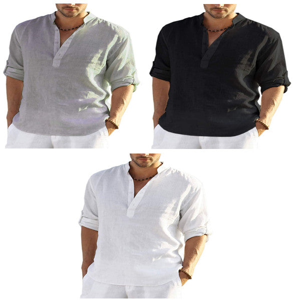 "Effortless style: Men's Cotton Linen Long Sleeve Shirt with a relaxed fit and stand collar." image 11