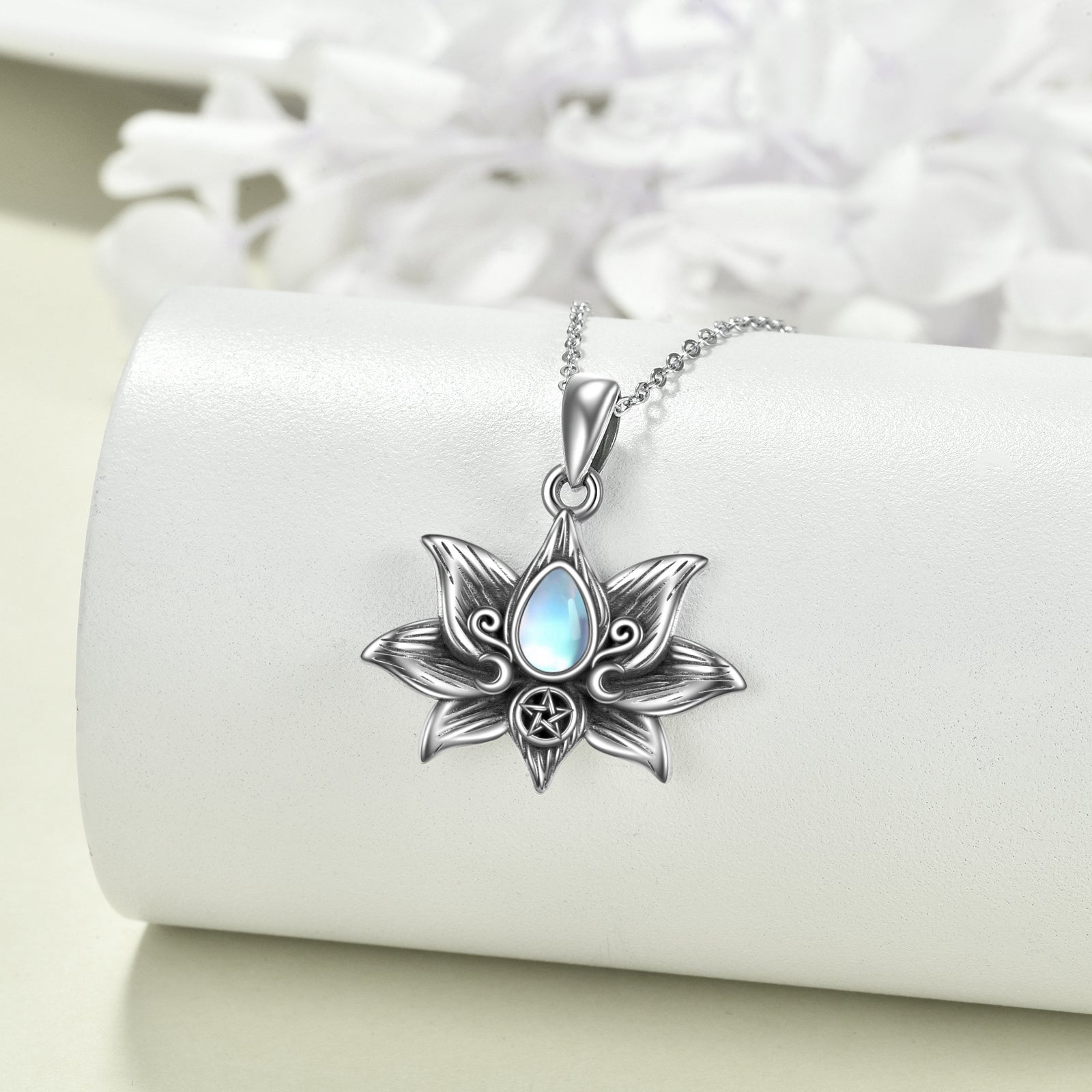 Silver Moonstone Lotus Flower necklace, Pendant Necklace, Jewelry Gifts for Women